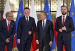 Szefowie nowej koalicji na konferencji w Sejmie (od lewej): Włodzimierz Czarzasty, Szymon Hołownia, Donald Tusk i Władysław Kosiniak-Kamysz