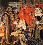 Królowa Katarzyna Aragońska błaga króla Henryka VIII o rezygnację z rozwodu. W tle widać dwóch kardynałów: Thomasa Wolseya i legata papieskiego, Lorenza Campeggio. Obraz Franka O. Sulisbury’ego z 1910 r.