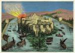 Oblężenie i zdobycie Paryża w 845 roku przez wikingów pod dowództwem Ragnara Lodbroka, rycina z XIX w.