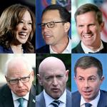 Od lewej i od góry: Kamala Harris, Josh Shapiro, Andy Beshear, Tim Walz, Mark Kelly, Pete Buttigieg.