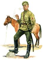 Komisarz polityczny 1. Konarmii uzbrojony w szablę kawaleryjską „szaszkę” i rewolwer Nagant wz. 1895