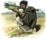 Afgański mudżahedin (partyzant) w cywilnym stroju, uzbrojony w amerykańską ręczną wyrzutnię rakiet ziemia-powietrze FIM-92 Stinger 