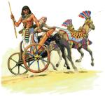  Wojownik egipski i woźnica na lekkim, zwrotnym rydwanie, którego koła miały sześć szprych. Wojownik uzbrojony jest w łuk kompozytowy, włócznię i prosty sztylet