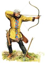 Perski pieszy łucznik bez pancerza ochronnego, uzbrojony w łuk refleksyjny, kompozytowy i krótki miecz z brązu – akinaka