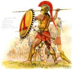 Spartański hoplita w hełmie korynckim, kirysie dzwonowym i nagolennicach, uzbrojony we włócznię, żelazny miecz i tarczę (hoplon)