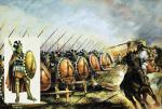 Spartańscy wojownicy podczas bitwy, mal. Andrew Howat