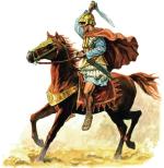 Ciężkozbrojny jeździec (hetairoi) Filipa Macedońskiego w hełmie typu beockiego, brązowym pancerzu, uzbrojony w zakrzywiony miecz – kopis