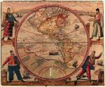 Mapa obu Ameryk z postaciami Kolumba, Vespucciego, Magellana i Pizarra