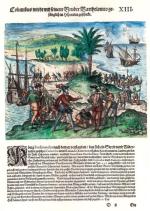 Krzysztof Kolumb i jego brat Bartolomeo biorą jeńców na Hispanioli, ryc. Theodore de Bry, 1594, 