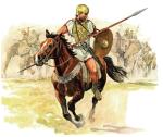 Iberyjski jeździec w hełmie z brązu i punickim napierśniku, uzbrojony we włócznię, krzywy miecz (kopis) i małą tarczę