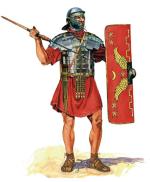 Legionista rzymski w hełmie cesarsko-galijskim i zbroi płytowej, uzbrojony w tarczę, miecz, sztylet i oszczep