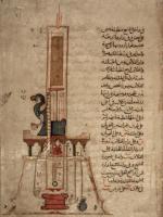 Zegar świecowy; spalanie kolejnych świec powodowało poruszenia figurek, symbolizujących jednostki czasu. Miniatura z traktatu „Księga automatów” al Jaziriego, XII wiek 