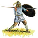 ≥Wizygocki pieszy wojownik w hełmie żebrowym, uzbrojony we włócznię, tarczę i miecz (spatha)