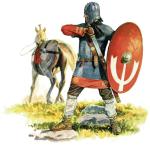 Lekkozbrojny jeździec rzymski w żebrowym hełmie typu perskiego i w kolczudze. Uzbrojony w długi miecz – spathę, owalną tarczę i sztylet