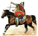 Jeździec wizygocki w kolczudze z brązu i hełmie segmentowym (żebrowym), uzbrojony w miecz (spathę) i tarczę