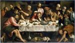 Późnorenesansowa „Ostatnia wieczerza” Jacopo Bassano (1542 r.). Czerwone wino, chleb, cebula, na półmisku głowa baranka, Gallerie Borghese, Rzym