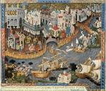 Niccolo i Maffeo Polo wraz z Markiem opuszczają Wenecję. Rysunek z XV-wiecznego wydania „Opisania świata”