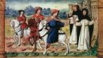 Niccolo i Maffeo Polo wraz z Markiem wyjeżdżają z Jerozolimy. Miniatura z XV-wiecznego wydania „Opisania świata”
