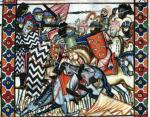 Chrześcijanie walczą z Arabami, miniatura hiszpańska, XIII w. ≥Dinar Alfonsa VIII wybity w Toledo (awers i rewers) 