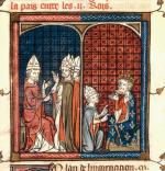 Papież Innocenty III wysyła legata do króla Francji Filipa II Augusta, miniatura francuska, ok. 1340 r.