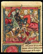 Rycerze francuscy biorą do niewoli Ferdynanda, hrabiego Flandrii, miniatura francuska, XIII w.