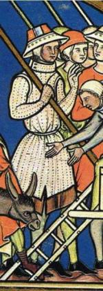 Piechur w kaftanie zwanym gambeson, miniatura średniowieczna 