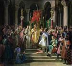 Filip II otrzymuje w opactwie Saint-Denis świętą choragiew Oriflamme, mal. Pierre Henri Reveil