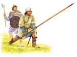 Szkocki żołnierz pieszy z oddziałów Williama Wallace’a w aketonie – zbroi miękkiej,  hełmie, uzbrojony w  długą włócznię i miecz