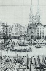 Port w Lubece, na pierwszym planie pręty żelaza gotowe do transportu, rycina XIX-wieczna