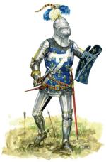 Francuski rycerz w zbroi płytowej, uzbrojony w miecz, mizerykordię i młot bojowy