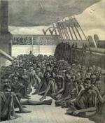 Czarni niewolnicy przewożeni do Brazylii, rycina XIX w.