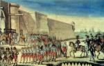 Wojska pruskie opuszczają twierdzę gdańską. Ilustracja z epoki