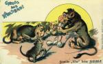 „Rodzina lwów przy śniadaniu” – niemiecka karykatura oparta na stereotypie, według którego każdy Żyd ma semickie rysy, lubi czosnek i kojarzy się z lwem, personifikacją Judy, imienia bliskiego brzmieniowo niemieckiemu terminowi Jude (z hebrajskiego Jehudi – Żyd)