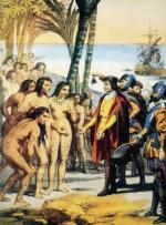 Kolumb ląduje na Bahamach  12 września 1492 roku. Rycina z XVII w.