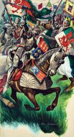 Król Ryszard III walczy z pocztem księcia Henryka Tudora pod Bosworth, rys. Peter Jackson