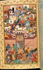 Wojska Babura zwycieżają Uzbeków pod Ozilajak w 1498 r., miniatura, Indie, koniec XVI w. 