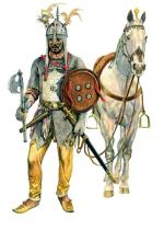 Hinduski jeździec w szyszaku z kołnierzem kolczym, w kolczudze i zbroi zwierciadlanej, uzbrojony w miecz, tarczę i topór bojowy (tabar) 