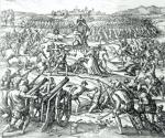 Hiszpanie atakują Inków pod Cajamarcą. W środku – lektyka króla Inków Atahualpy. Rycina Theodore’a de Bry, XVI w.