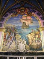 Fresk z katedry w Limie przedstawiający lądowanie Pizarra w Peru