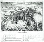 Hiszpańskie statki w porcie Callao pod Limą, rycina, 1535 r. 