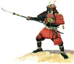 Samuraj w hełmie z maską i w zbroi ze stalowym napierśnikiem, uzbrojony w „dzidę-miecz” – naginatę, oraz miecze: wakizashi i katanę