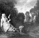 „Prządka i flecista w krajobrazie o zmierzchu” (ok. 1709), Jean-Antoine Watteau, obecnie w Holandii