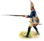Pruski grenadier 3. Batalionu Gwardii uzbrojony w karabin skałkowy piechoty z bagnetem tulejkowym i półszablę 