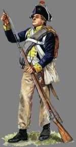 Pruski muszkieter 47. regimentu piechoty uzbrojony w karabin skałkowy piechoty wz. 1782 z bagnetem tulejkowym i półszablę piechoty
