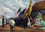 Spotkanie komandora Perry’ego, dowódcy amerykańskiej eskadry wojennej, z cesarskim komisarzem w Jokohamie w 1853 r.