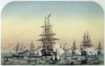 Cesarz Francuzów Napoleon III odwiedza  w Calais flotę brytyjską szykującą się do rejsu na Morze Czarne, litografia z epoki