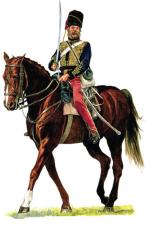 Oficer 11. pułku huzarów księcia Alberta z Lekkiej Brygady uzbrojony w szablę kawaleryjską wz. 1854
