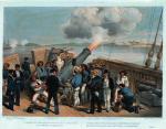 Brytyjska eskadra ostrzeliwuje rosyjską twierdzę Bomersund  na Wyspach Alandzkich w sierpniu 1854 r., litografia z epoki