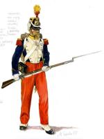 Francuski woltyżer 2. regimentu gwardii, weteran wojny krymskiej (z medalem za zdobycie Sewastopola) uzbrojony w karabin kapiszonowy piechoty z bagnetem tulejkowym wz. 1857 i tasak piechoty wz. 1831