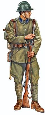 Kapral piechoty polskiej w mundurze z 1919 roku.  Uzbrojony w karabin Mauser wz. 1898